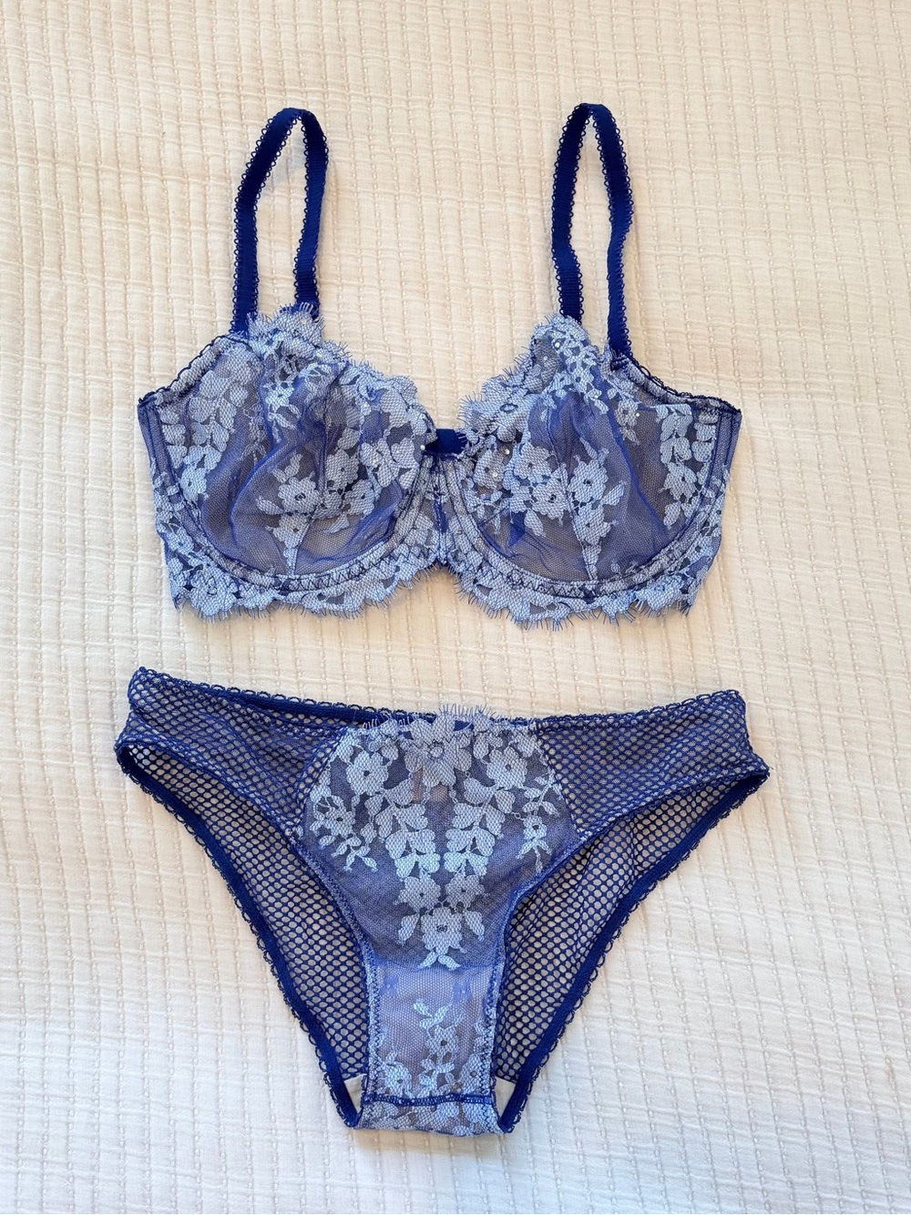 Victoria's Secret Blue Floral Lace Underwire Bra & Panty Set NWOT 32DDD